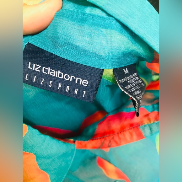 🌺 90s Bright SHEER TURQUOISE Hibiscus Floral Blouse, size Med Liz Claiborne - Picture 6 of 6